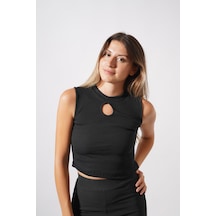 Ckm Moda Chester Yüksek Kalite Kadın Yaka Detaylı Fitilli Crop Örme Bluz Siyah