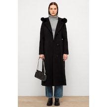 Olcay Kürklü Kapüşonlu Beli Bağlamalı Uzun Kaban Siyah 3107
