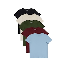 Unisex 5'li Paket Lacivert-taş-haki-bordo-a.mavi Slim Fit Dar Kesim %100 Pamuk Bisiklet Yaka Tişört-32942 Multi Çok Renkli