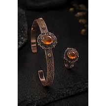 Kadın Bakır Bileklik Yüzük Set Doğal Turuncu Taşlı Otantik Model Set Diğer