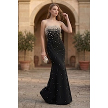 Şeref Vural Kadın Straplez İnci Süslemeli Geniş Beden Aralıklı Balık Form Abiye Elbise 8563 Siyah