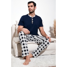 Buratti Ekoseli Pamuklu Regular Fit Kısa Kollu Erkek Pijama Takımı 60961007 Lacivert-Beyaz