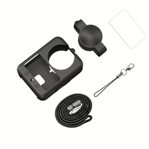 DJI Osmo 360 ve 360 II Silikon Kılıf + Lens Cap + Kayış + Temperli Cam Ekran Koruyucu Seti Siyah