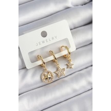 Pirinç Zirkon Taşlı Yıldız Model Gold Renk 3& 39lü Çift Kadın Küpe Set Altın 54620759