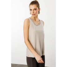 Desen Triko Kadın Sıfır Yaka Yakası Taşlı Askılı T-shirt 25755 Bej Bej