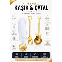 Jojobebek Gold Renk Gitar Tasarımlı Paslanmaz Çelik Kaşık ve Paslanmaz Çelik Çatal + Saklama Kutusu Sarı