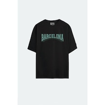 - Unisex Barcelona Baskılı Siyah Oversize T-shirt SIYAH