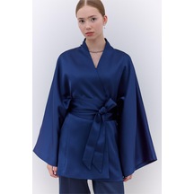 Manuka Saten Kemerli Kimono Lacivert