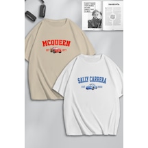 Unisex Kadın Erkek I'm Sally & Mcqueen Cars Baskılı Sevgili Çift Kombini Tasarım Oversize Tshirt 2li Bej Beyaz Mck0458 Bej Beyaz