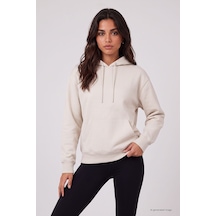 TOMMYLIFE Ekru Standart Kapüşonlu Kanguru Cepli Basic Kadın Sweatshirt - 97321