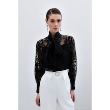 Sateen Fularlı Çiçek Desenli Gömlek - Siyah-136009 Siyah