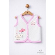Babyden's Kız Bebek Yelek Jakarlı Kalp Desenli Pamuklu Çıtçıtlı Fil Baskılı Bebek Yeleği Mevsimlik,yumuşak Ekru - Pembe
