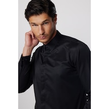 Tudors Slim Fit Uzun Kol Gizli Pat Sırtı Körüklü Düz Siyah Erkek Gömlek-28047-siyah Siyah