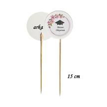 15 Cm Uzun Kürdan - 20 Adet Çiçekli Mezun Oldum Mezuniyet Baskılı Kürdan