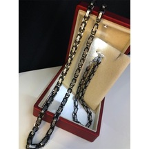 5mm Kral Erkek Çelik Siyah Beyaz Set Işıklı Kutuda Sevgiliye Eşe Babaya Bileklik Kolye Çok Renkli