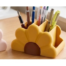 3d Baskı Çiçek Formlu Masaüstü Organizer Makyaj Fırçalığı Ve Kalemlik Papatya Desenli Bölmeli - Sarı Çok Renkli
