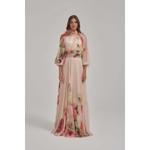 Crystalia Özel Desen Çiçek Motifli Şifon Elbise Çok Renkli