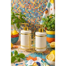 Makri Home 2'li Sıvı Sabunluk Seti, Süngerlikli Ve Stantlı, Beyaz Altın Beyaz