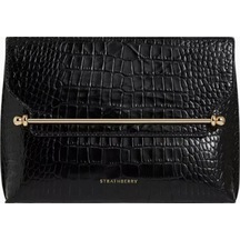 Strathberry Stylist Crossbody Clutch Siyah Kroko Deri Lüks Çanta, Günlük Ve Gece Kullanımı Omuz Çantası
