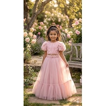 Star Kids Fashion Kız Çoçuk Pembe Güllü Detaylı Crop Elbise,kız Çoçuk Abiye Elbise