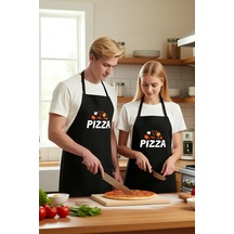 Unisex Mutfak Önlüğü Pizza Baskılı Grafik Desen Aşçı Rahat Kesim Siyah
