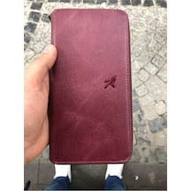 Karalı Deri Unisex Bordo Hakiki Deri Telefon Bölmeli Kartlıklı Cüzdan El Portföyü Bordo