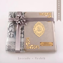 Seccade + Tesbih + Kuran Hediye Seti Çanta Boy, Kadife, Gri, Lafzatullah