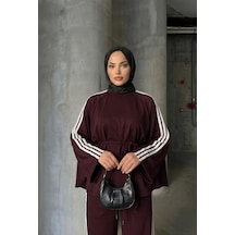 Trend Paris Kadın Oysho Tarzı Çizgili İkili Takım - Beli Bağlamalı, Dökümlü Yarasa Kol Spor Günlük Takım Bordo