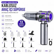 Kablosuz Araç İçi Süpürge 18000pa Güçlü Vakum Üflemeli 13 Aparatlı Type-c Şarjlı El Süpürgesi Gümüş