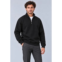 Erkek Üç İplik İçi Şardonlu Dik Yaka Yarım Fermuarlı Kışlık Sweatshirt - Siyah