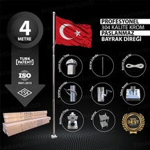 4 Metre İnox 304 Kalite Paslanmaz Krom Çelik Profesyonel Bayrak Direği Standart