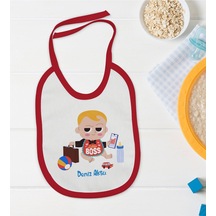 BK Kids Kişiye Özel Little Boss Tasarımlı Kırmızı Bebek Mama Önlüğü Kırmızı