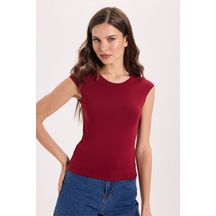 Tudors Kadın Slim Fit Dar Kesim Pamuklu Likralı Bisiklet Yaka Ay Kol Bordo Tişört-51123
