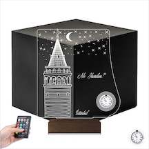 Luvivia İstanbul Galata Kulesi Kişiye Özel Metal Saatli 3d Lamba - Masa Gece Lambası