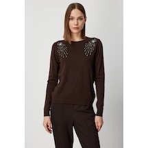 On Fashion Kadın Omzu Aksesuarlı Balıkçı Yaka Kahverengi Kazak 63314 Kahve
