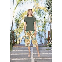 Monamise Kadın Yaprak Desenli Dantelli Kısa Kollu Kapri Takımı 25093 Yeşil