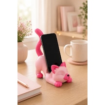 Pembe Kedi Figürlü Telefon Tutucu Stand - 3d Baskı Ofis Masaüstü Aksesuarı Ve Biblo