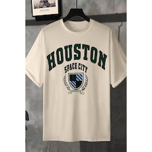 Unisex Houston Space City Baskılı Tasarım Tshirt Bej
