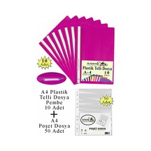 Telli Dosya Plastik A4 10 Lu Ve Poşet Dosya 50 Li 1 Paket Ekonomik Kaliteli Şeffaf Kapak Telli Dosya Okul Büro Ofis Pembe