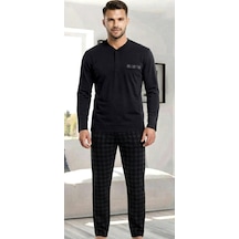 Erse Uzun Kol Pamuklu İnterlok Erkek Pijama Takımı Siyah - 9091554973088