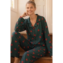 Siyah İnci Desenli Termal Kumaşlı Ultra Soft Yumuşak Düğmeli Örme Pijama Takımı 26226105 Yeşil