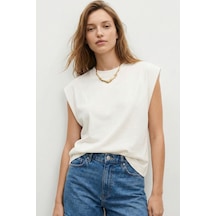 Elemge %100 Pamuk Süprem Tok Kumaş Kadın Oversize Ekru T-shirt Geniş Omuzlu Dökümlü Kolsuz Bol Kalıp