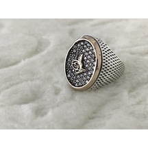 Osmanlı Tuğralı Zirkon Taşlı 925 Ayar Gümüş Erkek Yüzük