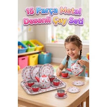 Çiçek Desenli 15 Parça Metal Çay Seti 4 Kişilik Eğitici Ve Eğlenceli Evcilik Oyuncak Seti 1