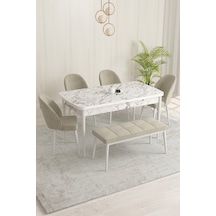 Rovena Olbia Beyaz Mermer Desen 80x132 Açılabilir Mutfak Masası Takımı 4 Sandalye, 1 Bench Krem 1486