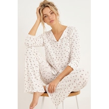 Siyah İnci Waffle Kumaş Örme Pijama Takım 7944 Ekru
