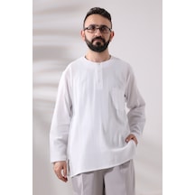 Beyaz Erkek Rahat Kesim 3 Düğmeli Sıfır Yaka Hac Ve Umre Şile Bezi Gömlek 001