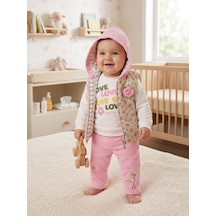 Efemkids 3'lü Kapitone Çiçekli Kız Bebek Takım 6-9 Ay 9-12 Ay 12-18 Ay Yenidoğan Bebek Takım Kapüşonlu Yelek+uzun Kollu Çıtçıtı Body+pijama Kız Bebek Takım Pembe