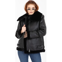 M M Marki Marki Kadın Siyah Vintage Deri Mont, Siyah Kürklü, Balıkçı Yaka, Oversize Model - 105222