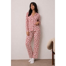 Fit Women Kadın Uzun Kollu Düğmeli Alt Üst Uyku Kırmızı Pijama Takımı